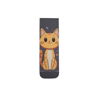Marcador de libro magnético con diseño de gatito naranjo en fondo gris