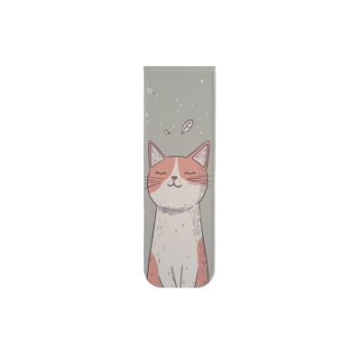Marcador de libro magnético con diseño de gatito naranjo con blanco en fondo gris