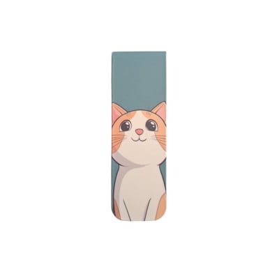 Marcador de libro magnético con diseño de gatito naranjo con blanco en fondo verde
