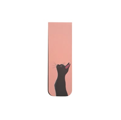 Marcador de libro magnético con diseño de gatito negro en fondo rosado