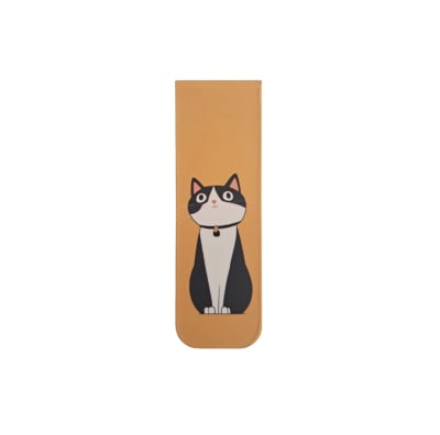 Marcador de libro magnético con diseño de gatito tuxedo en fondo mostaza