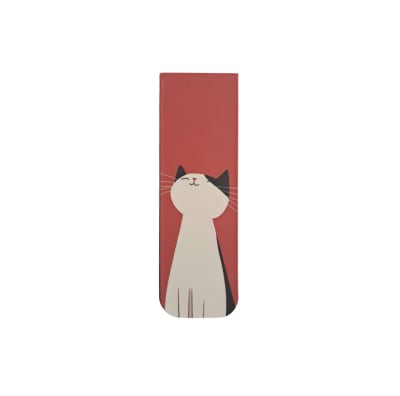 Marcador de libro magnético con diseño de gatito tuxedo en fondo rojo