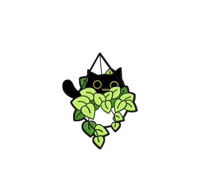 Pin esmaltado diseño de gatito negro en una maceta colgante