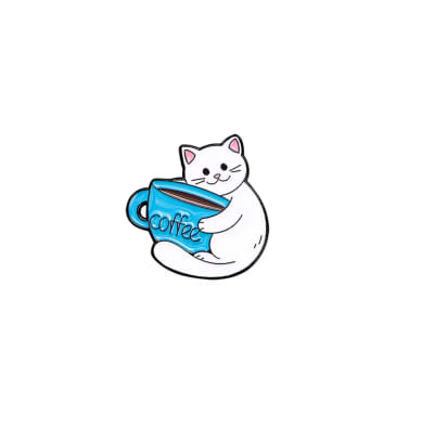 Pin esmaltado diseño de Gatito blanco y una taza de café