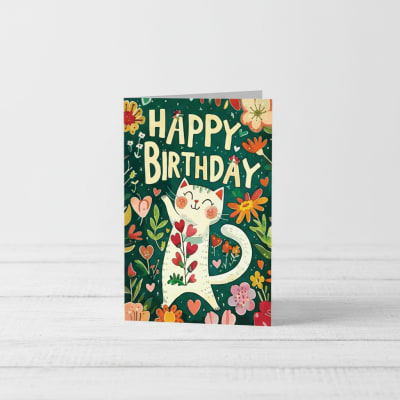Tarjeta de Cumpleaños con diseño de gatito feliz con flores ¨Happy Birthday¨