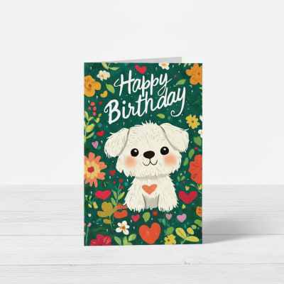 Tarjeta de Cumpleaños con diseño de perrito feliz con flores ¨Happy Birthday¨