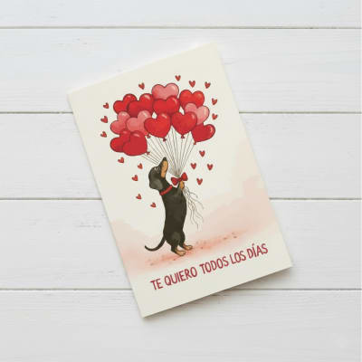 Tarjeta de San Valentin con diseño de perrito salchicha con globos