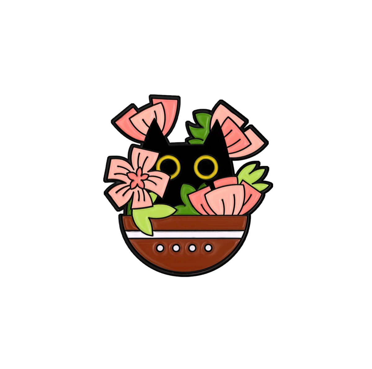 Pin esmaltado diseño de gatito negro entre flores rosadas 1