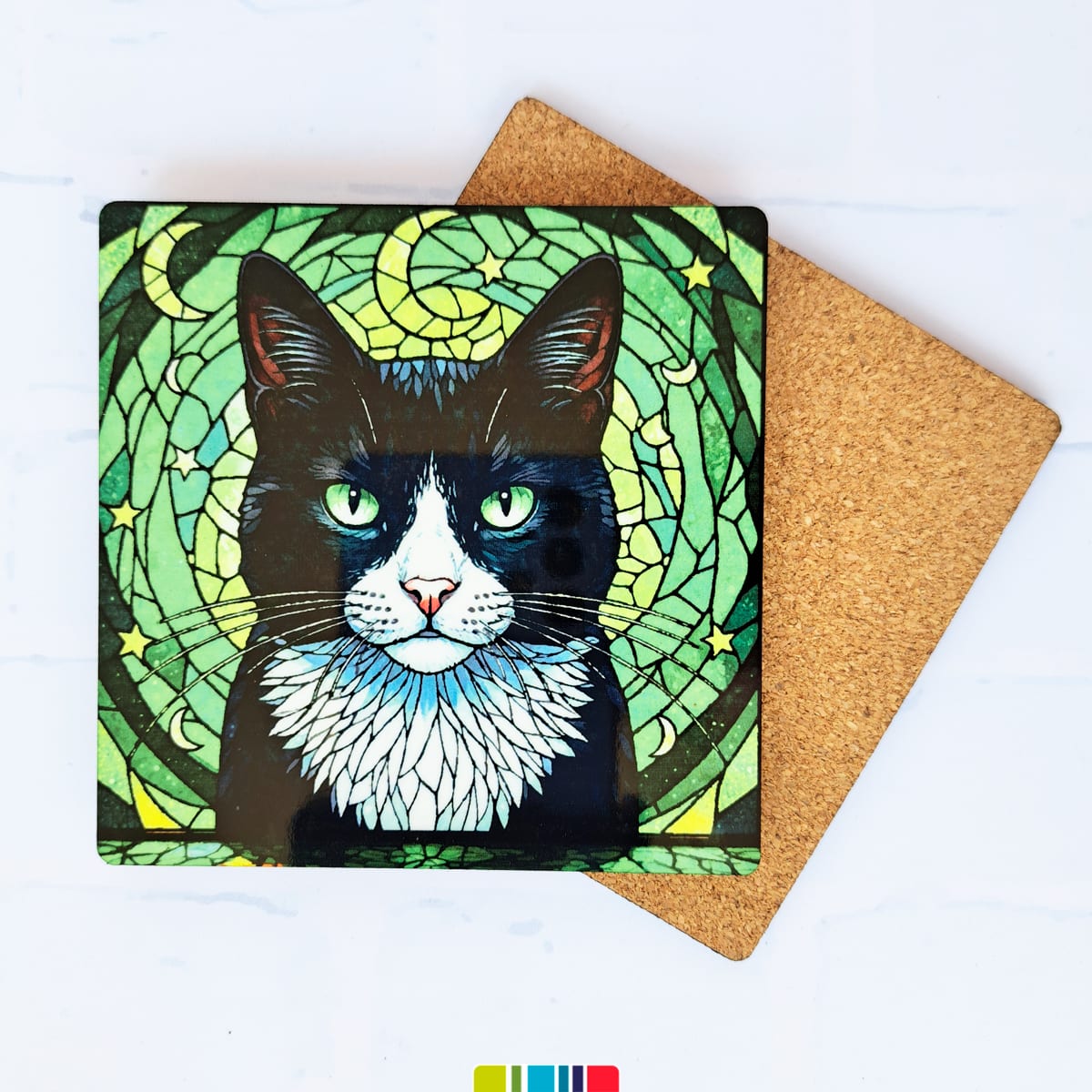 Posavasos de gato tuxedo estilo vitral (1 Unidad) 1