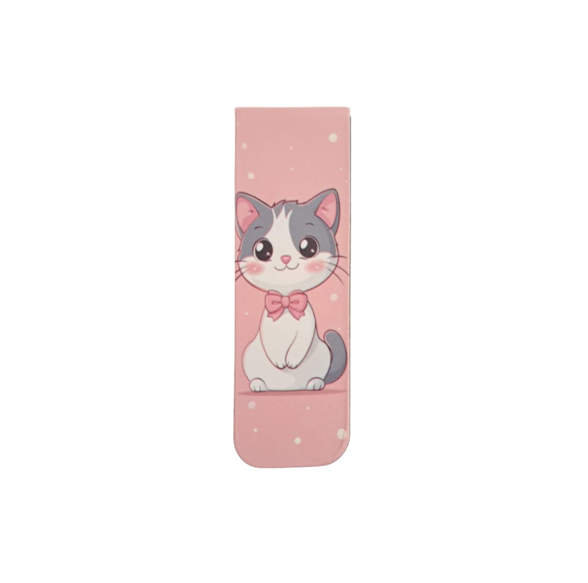 Marcador de libro magnético con diseño de gatito gris con blanco en fondo rosado 1