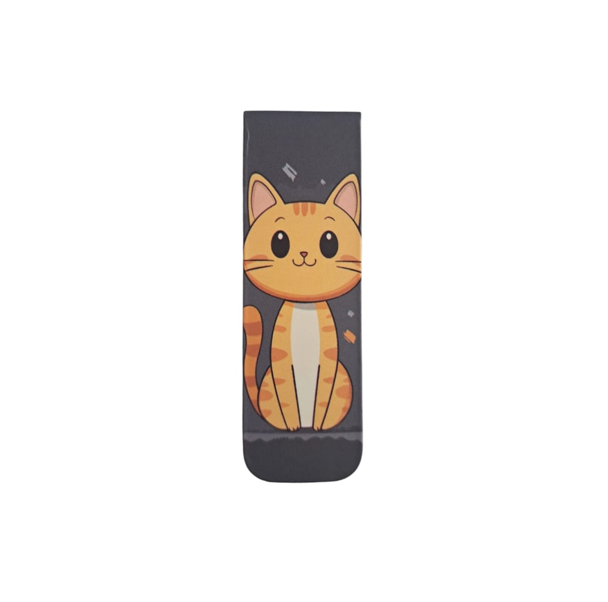 Marcador de libro magnético con diseño de gatito naranjo en fondo gris 1