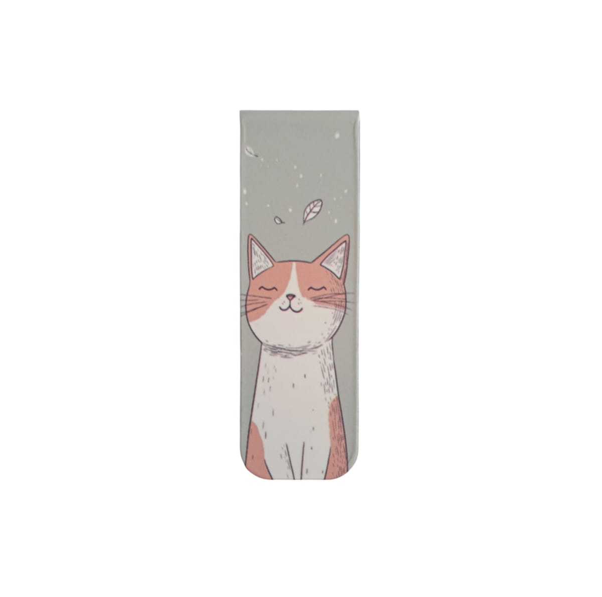 Marcador de libro magnético con diseño de gatito naranjo con blanco en fondo gris 1