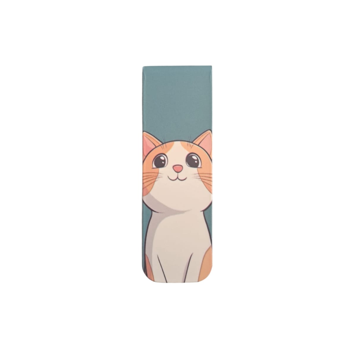 Marcador de libro magnético con diseño de gatito naranjo con blanco en fondo verde 1
