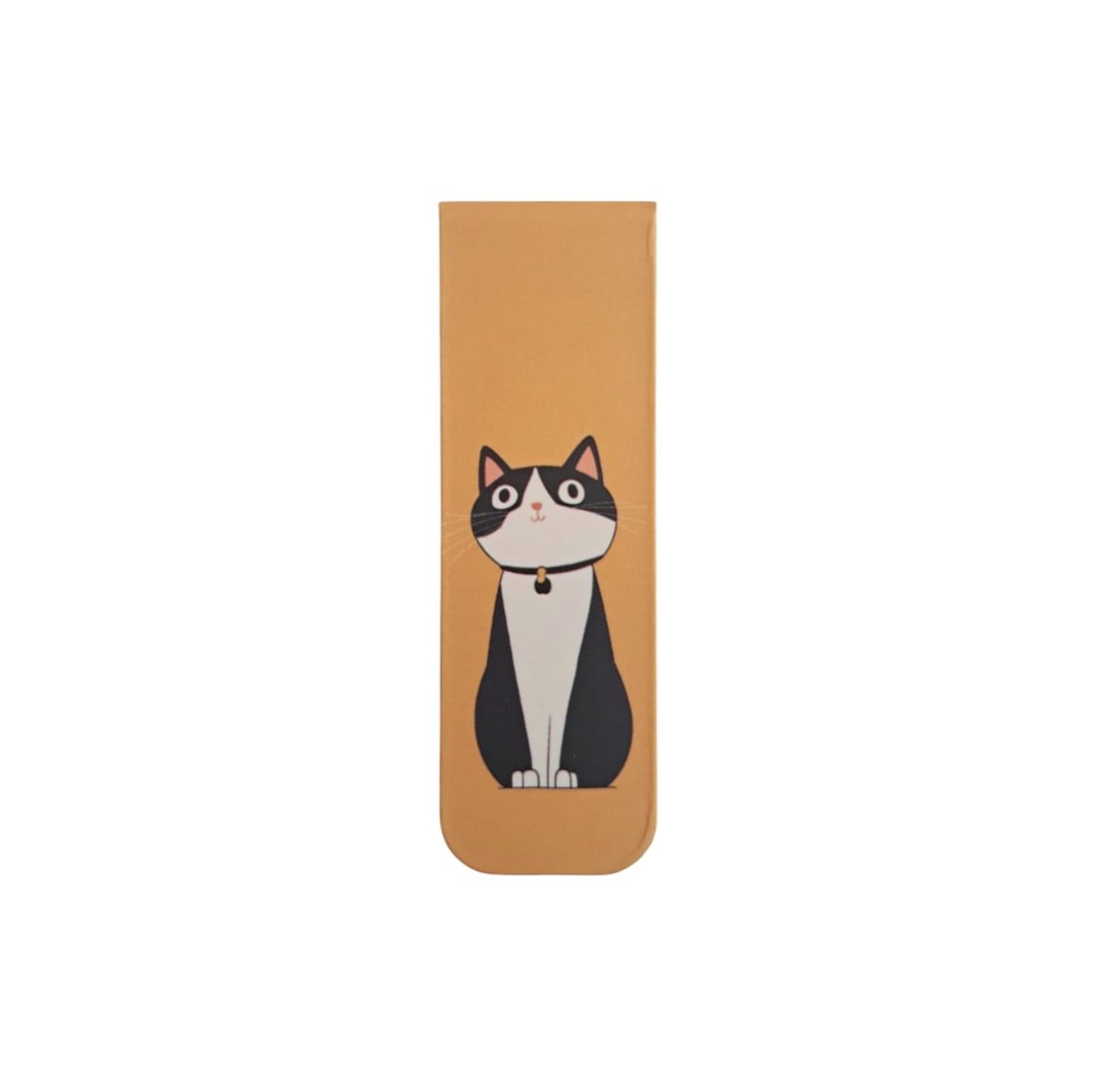 Marcador de libro magnético con diseño de gatito tuxedo en fondo mostaza 1