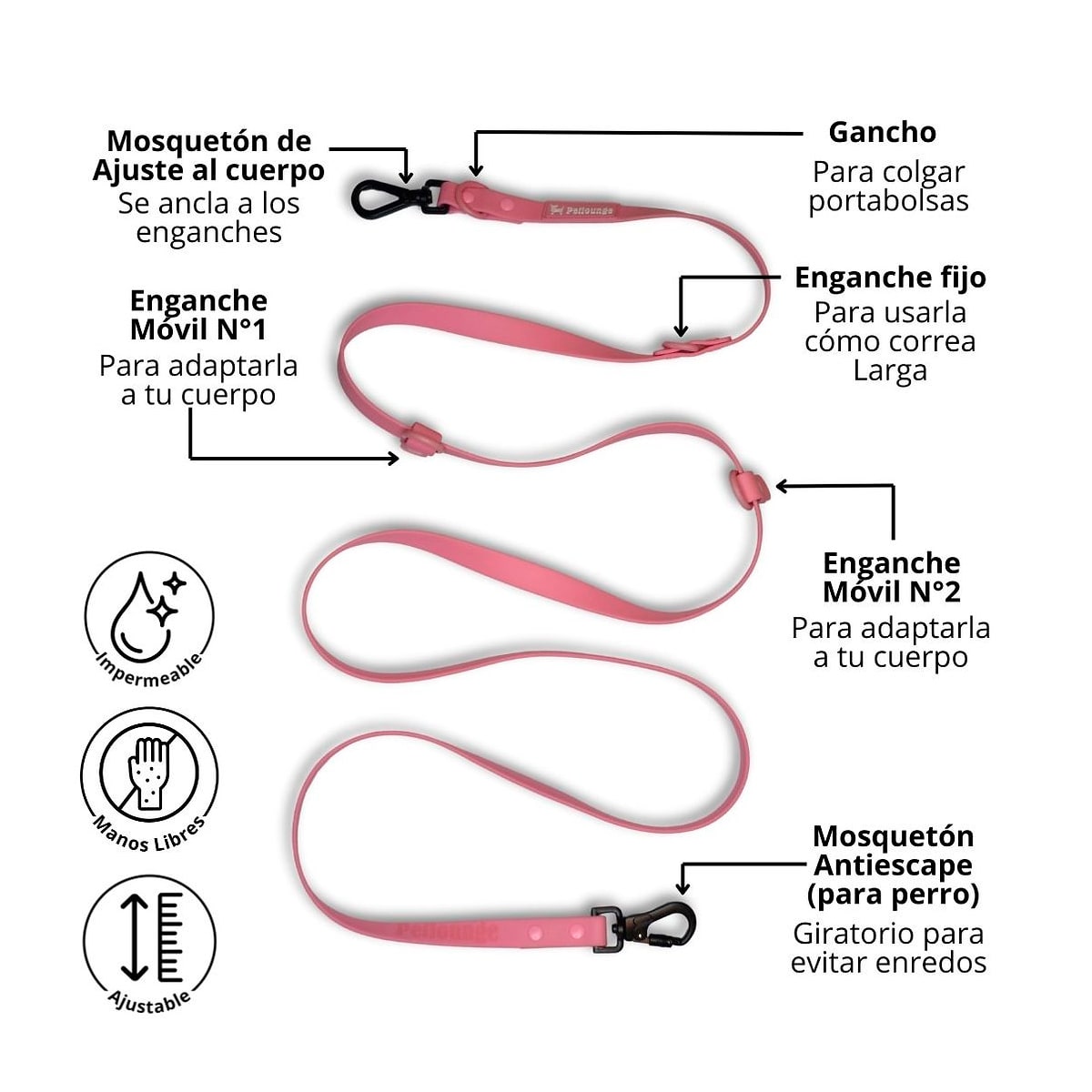 Petlounge Correa manos libres de color rosada3