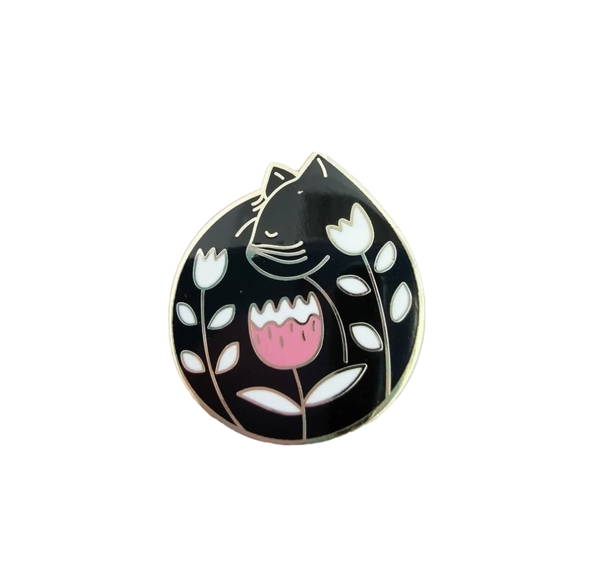 Pin esmaltado diseño de gato negro con flores blancas 1