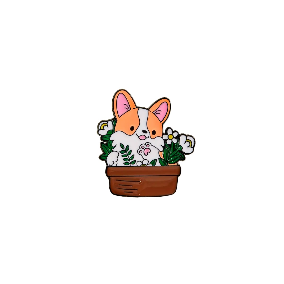 Pin esmaltado diseño de perro corgi en una maceta con plantas 1