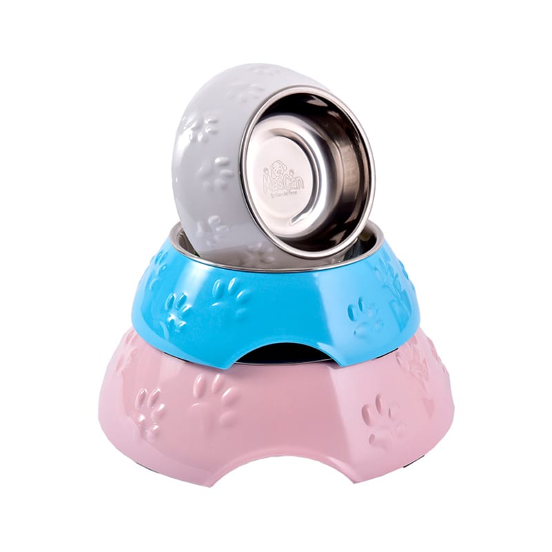 Mascan Plato Huellitas Rosado de melamina con acero inoxidable2