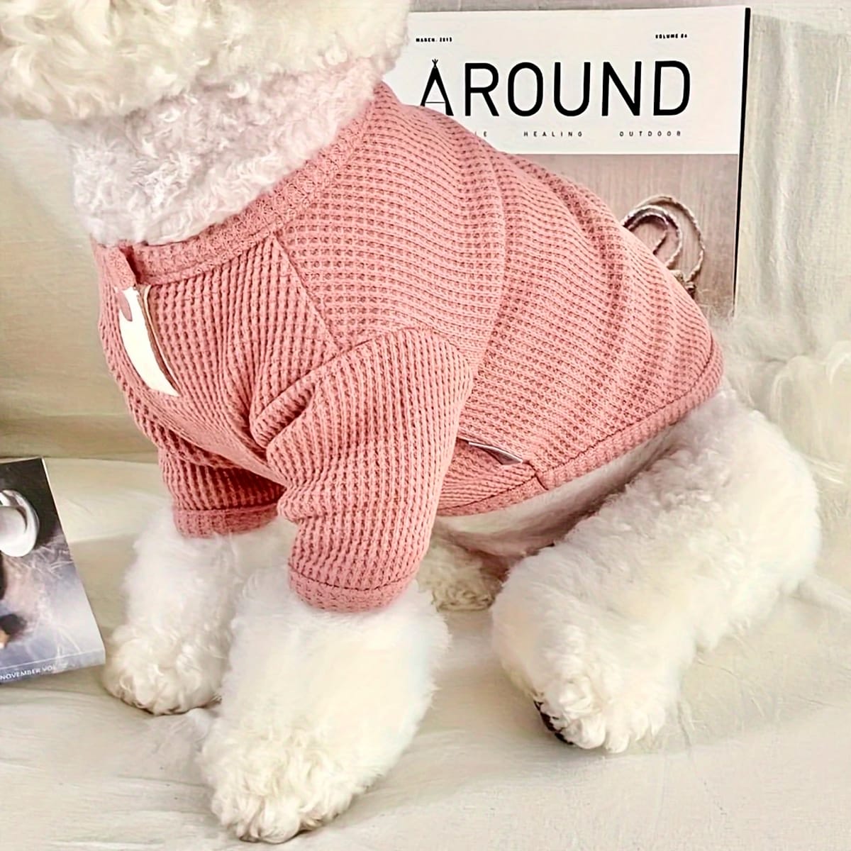 Polera de hilo con botón para perro pequeño/mediano palo rosa 1