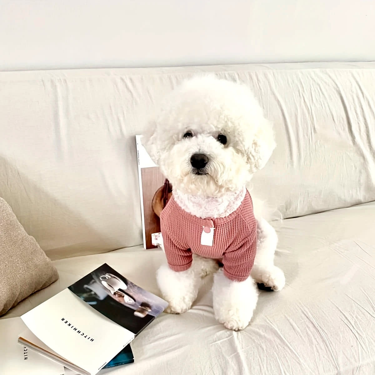 Polera de hilo con botón para perro pequeño/mediano palo rosa2