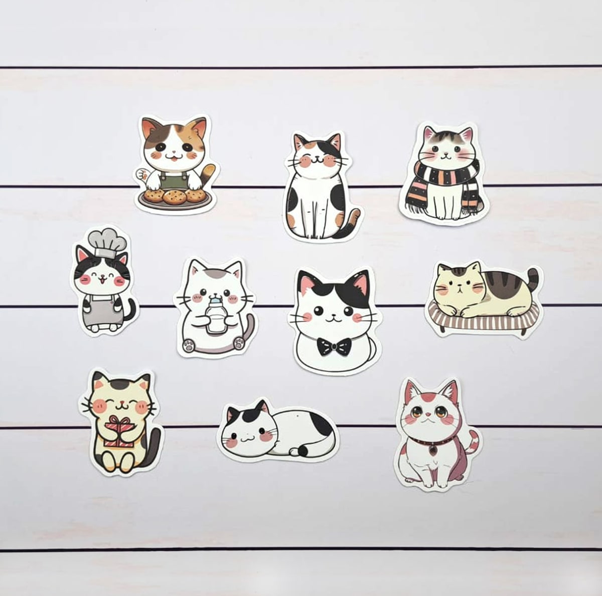 Set de 10 stickers de gatitos blancos y grises ilustrados2
