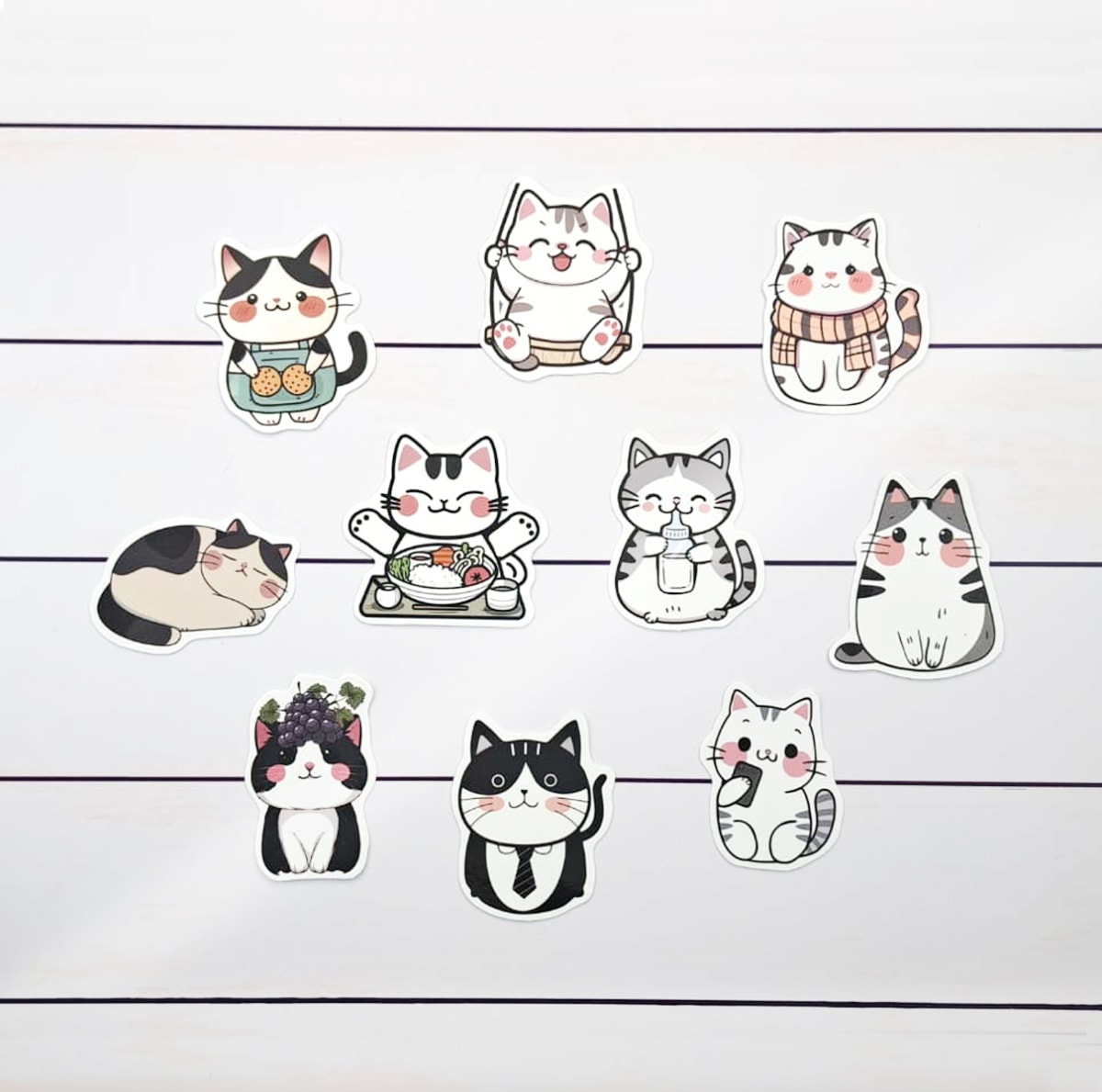 Set de 10 stickers de gatitos blancos y grises ilustrados3