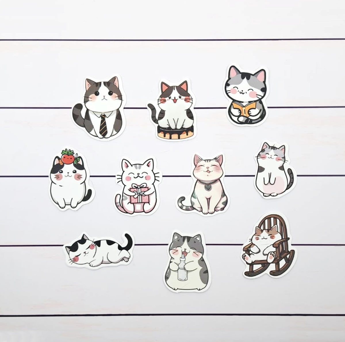 Set de 10 stickers de gatitos blancos y grises ilustrados4