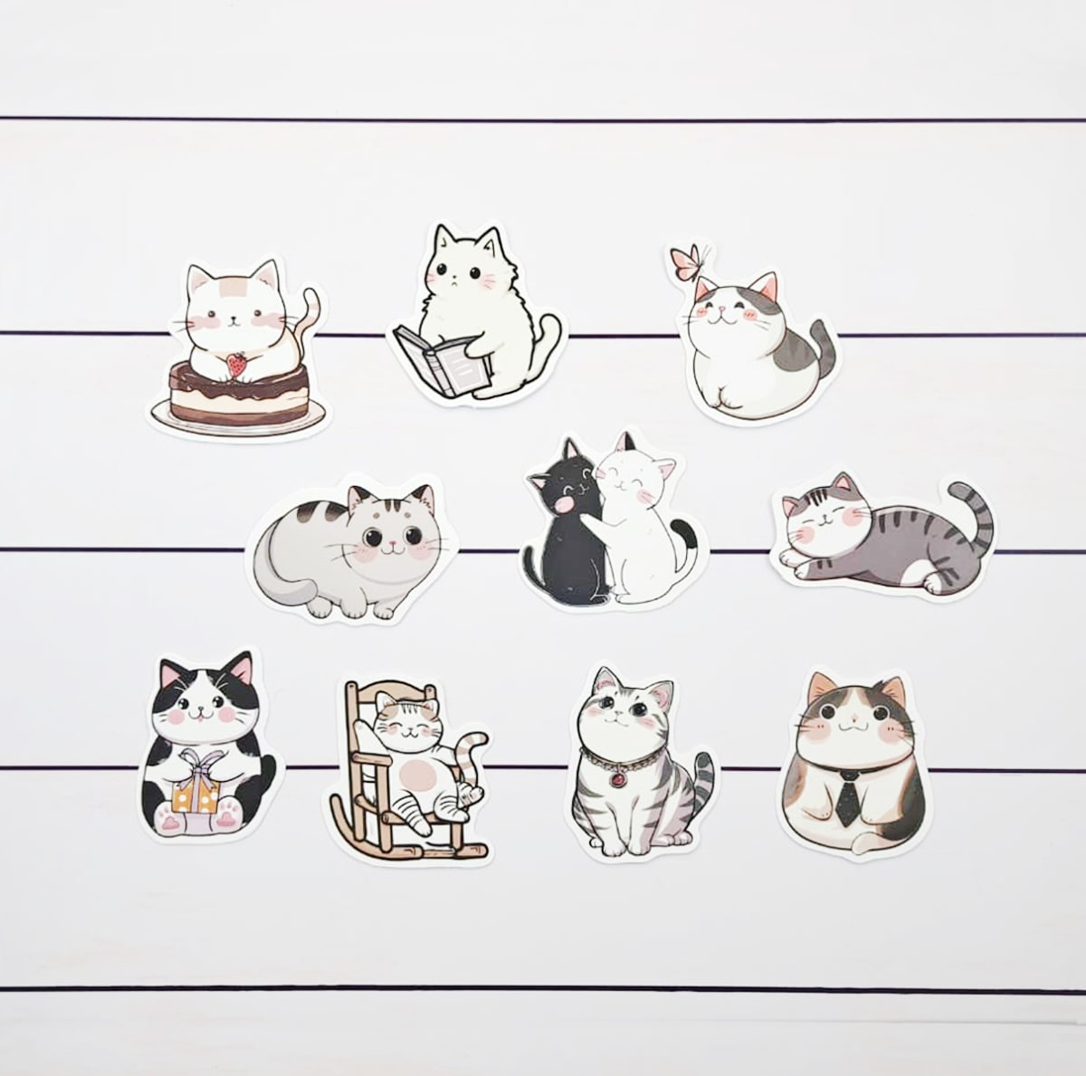 Set de 10 stickers de gatitos blancos y grises ilustrados5