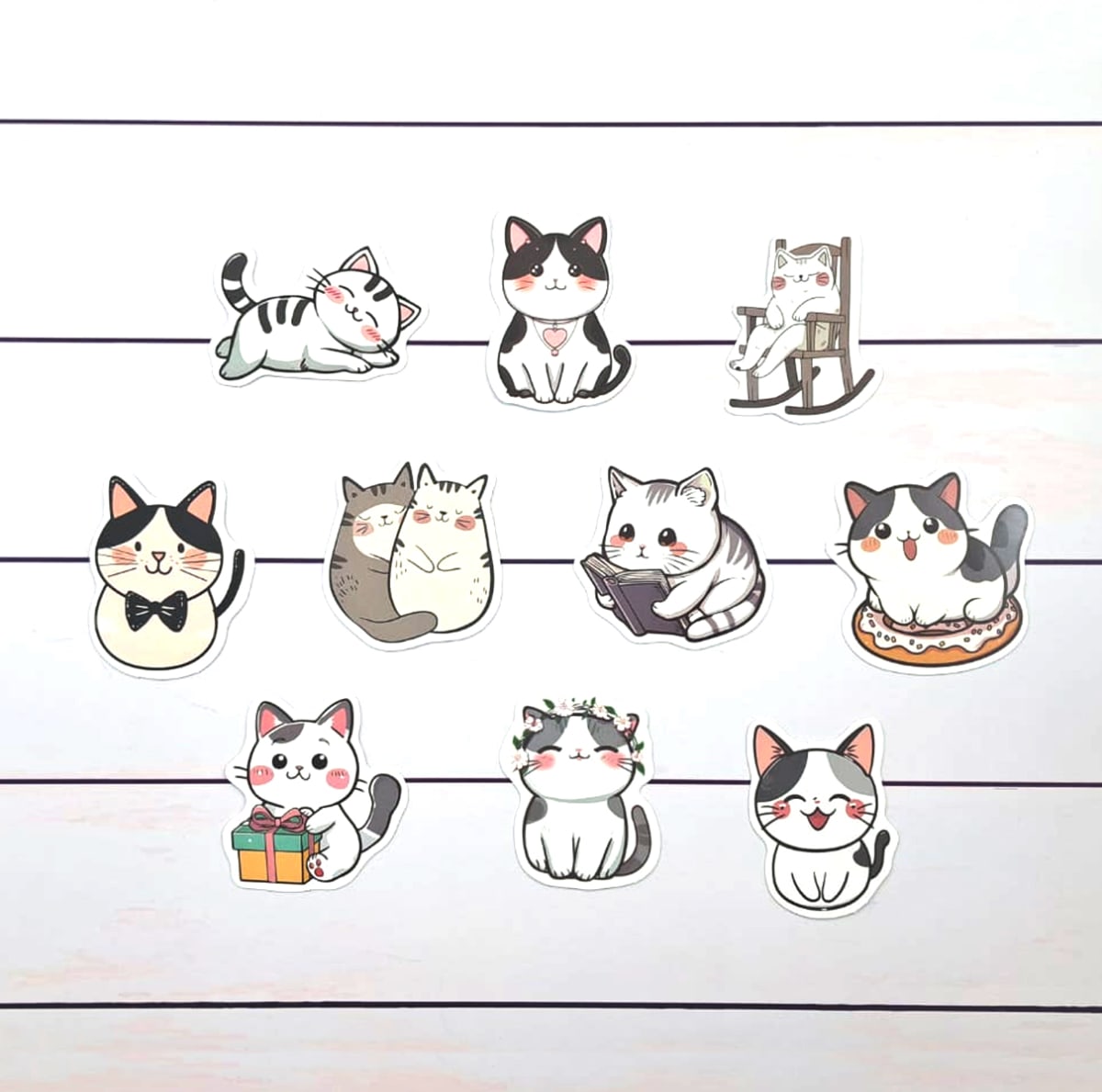 Set de 10 stickers de gatitos blancos y grises ilustrados6
