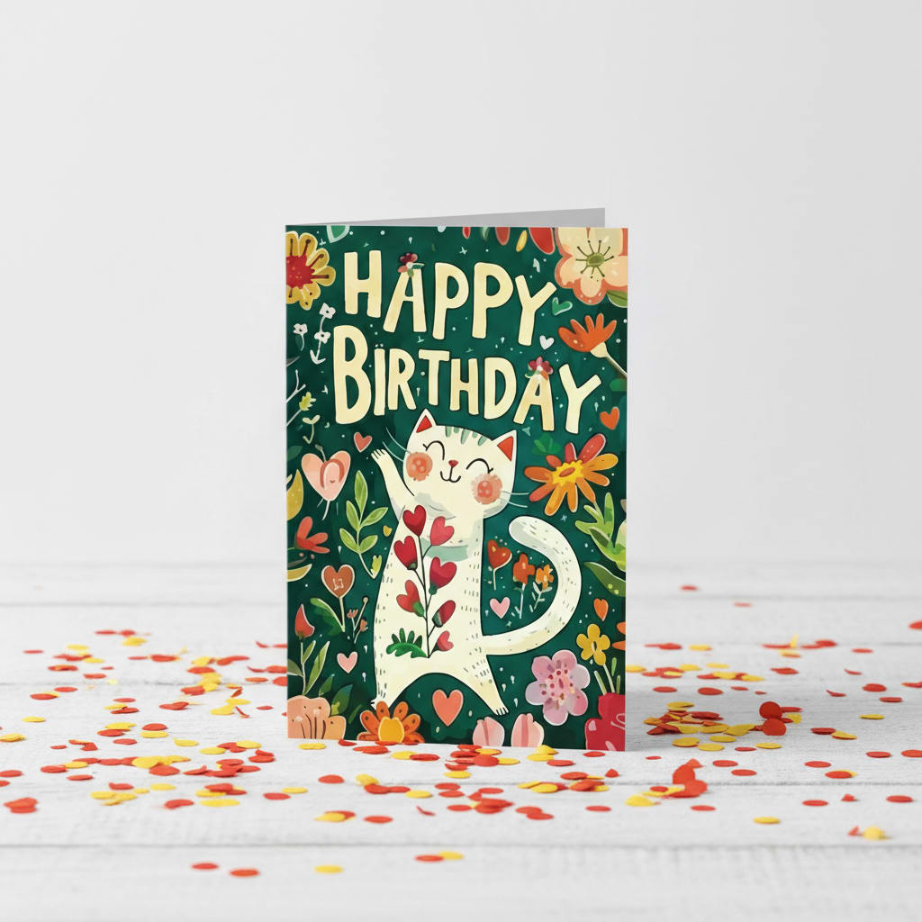 Tarjeta de Cumpleaños con diseño de gatito feliz con flores ¨Happy Birthday¨3