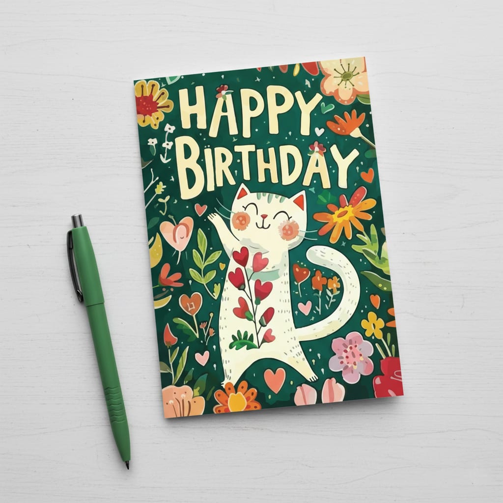 Tarjeta de Cumpleaños con diseño de gatito feliz con flores ¨Happy Birthday¨2