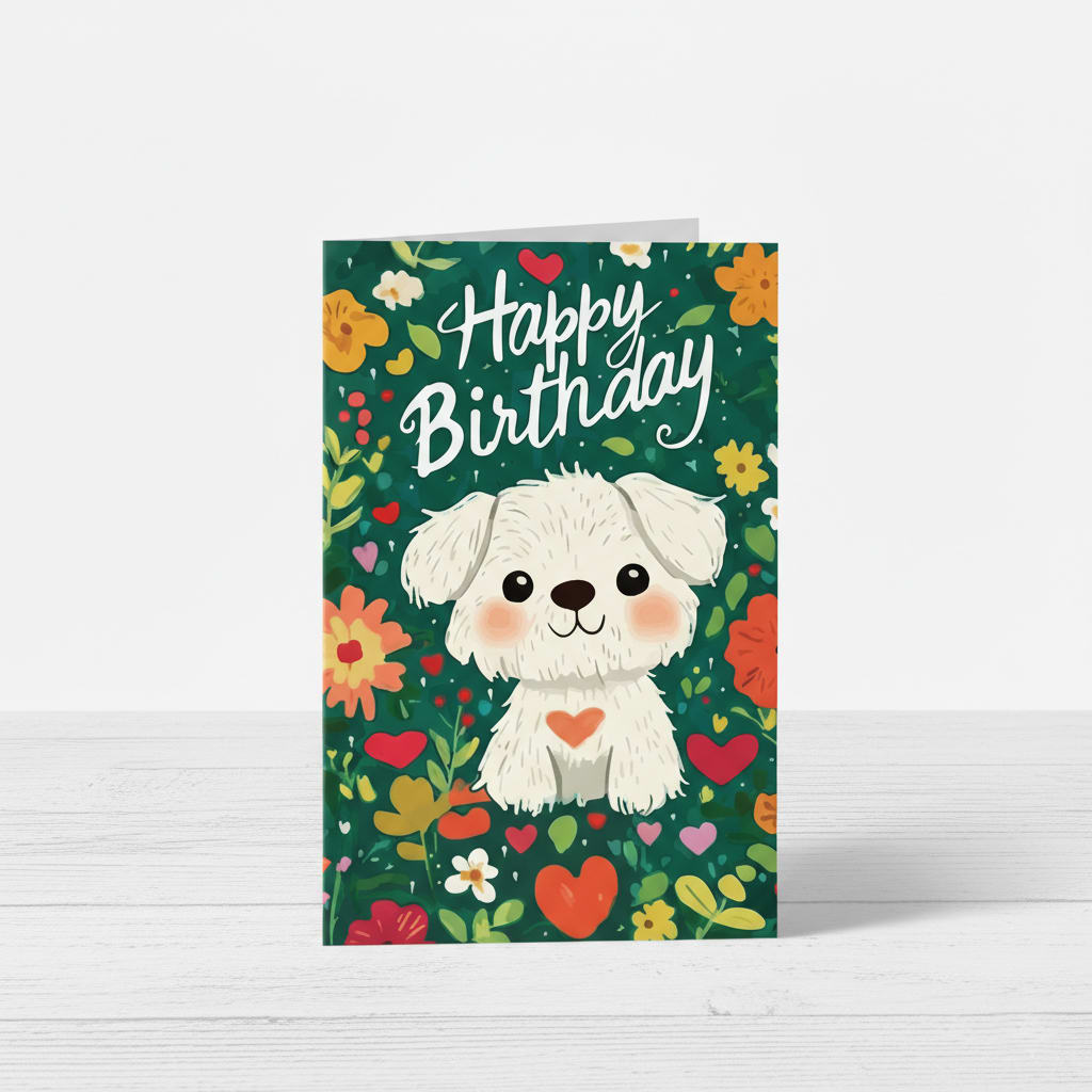 Tarjeta de Cumpleaños con diseño de perrito feliz con flores ¨Happy Birthday¨ 1