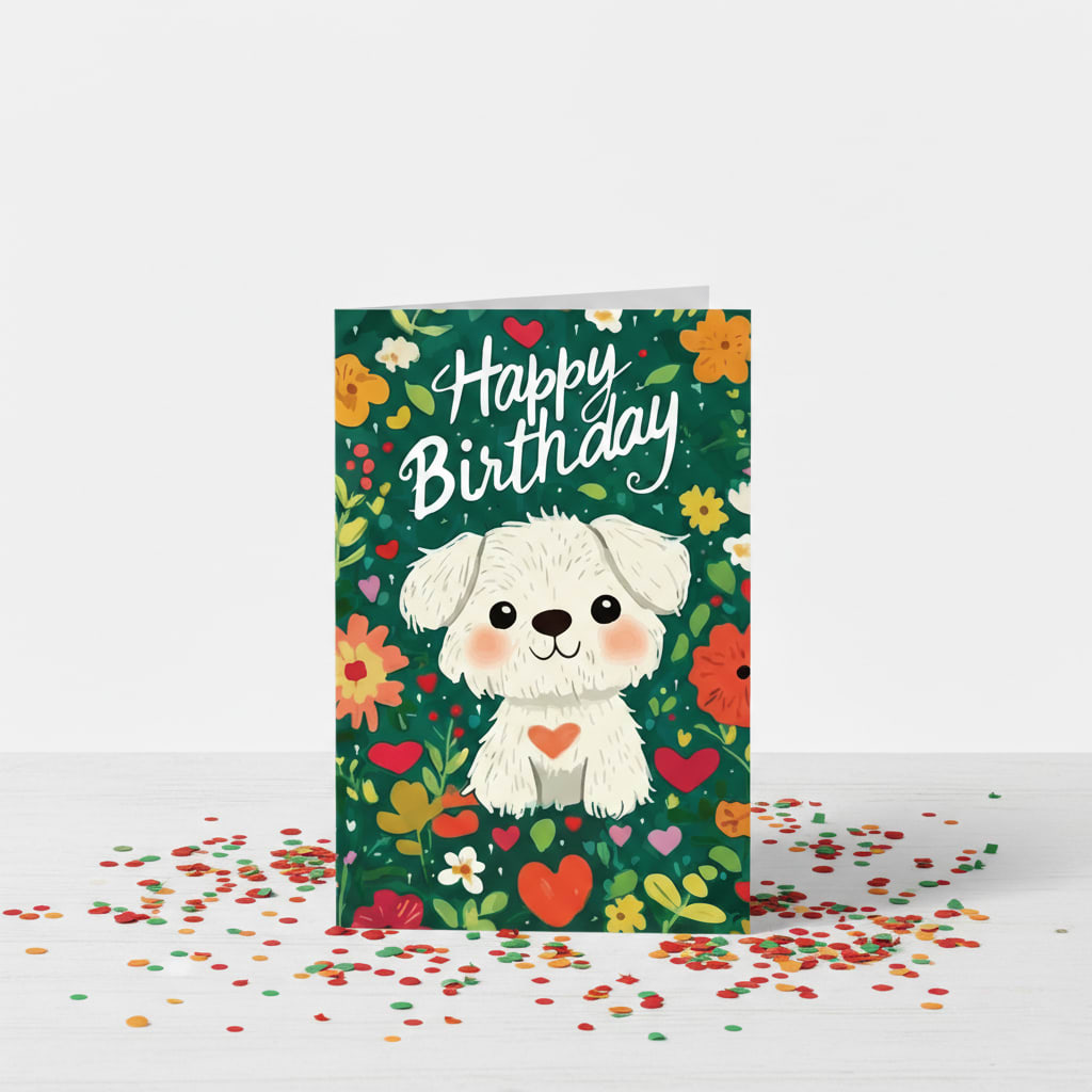 Tarjeta de Cumpleaños con diseño de perrito feliz con flores ¨Happy Birthday¨2