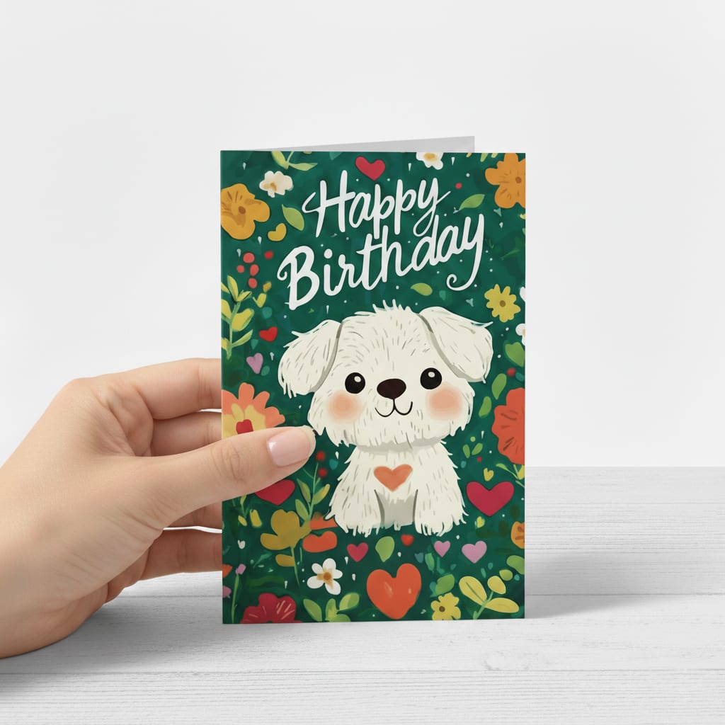 Tarjeta de Cumpleaños con diseño de perrito feliz con flores ¨Happy Birthday¨3