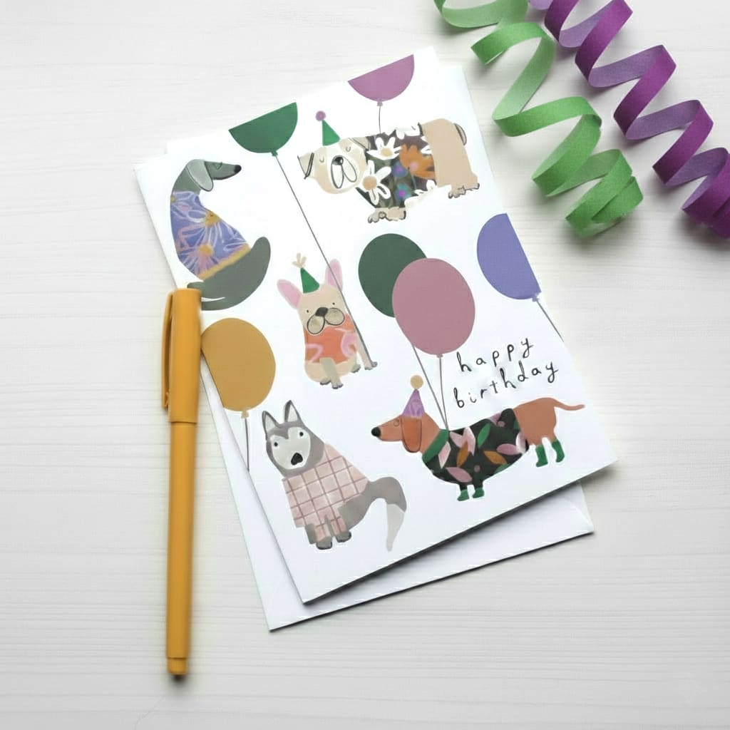 Tarjeta de cumpleaños con diseño de perros con globos ¨Happy Birthday¨2