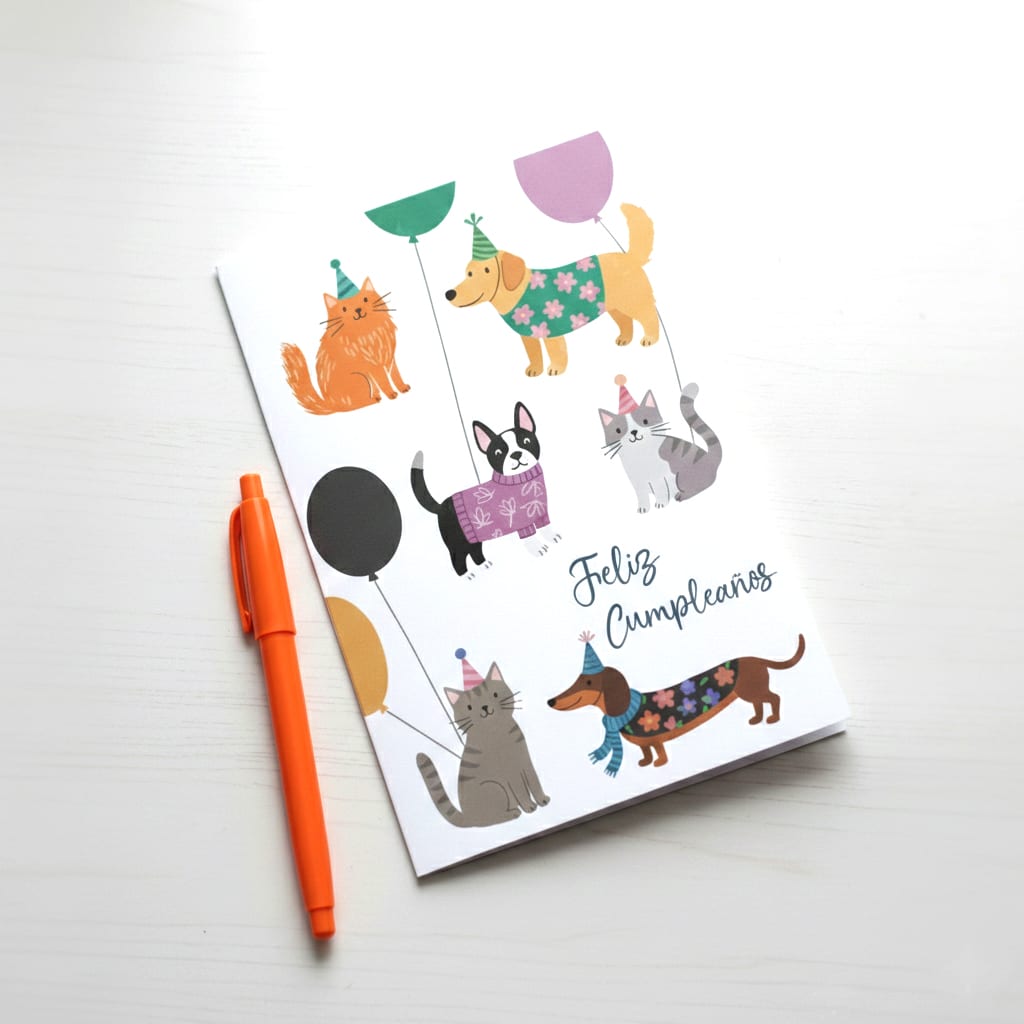 Tarjeta de cumpleaños con diseño de perros y gatos con globos ¨Feliz cumpleaños¨ 1