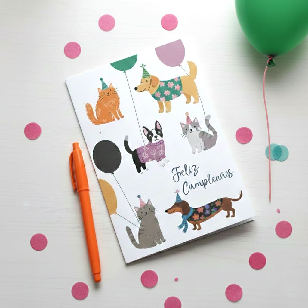 Tarjeta de cumpleaños con diseño de perros y gatos con globos ¨Feliz cumpleaños¨2
