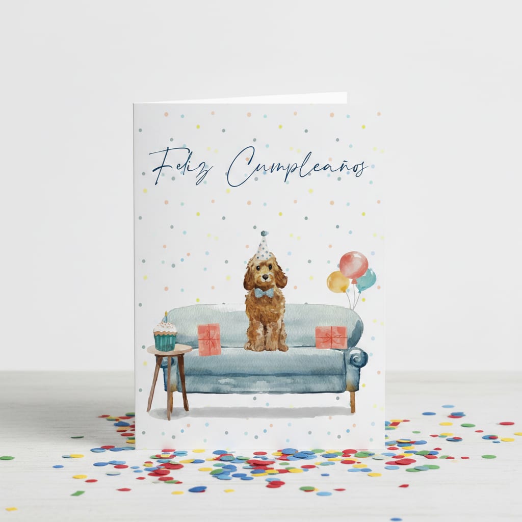 Tarjeta de cumpleaños de perro sentado en un sofá2