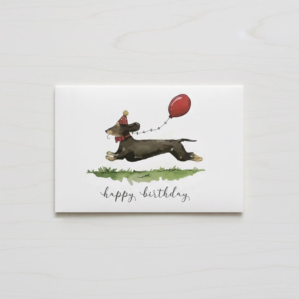 Tarjeta de Cumpleaños con diseño de perro salchicha corriendo con Globo ¨Happy Birthday¨ 1