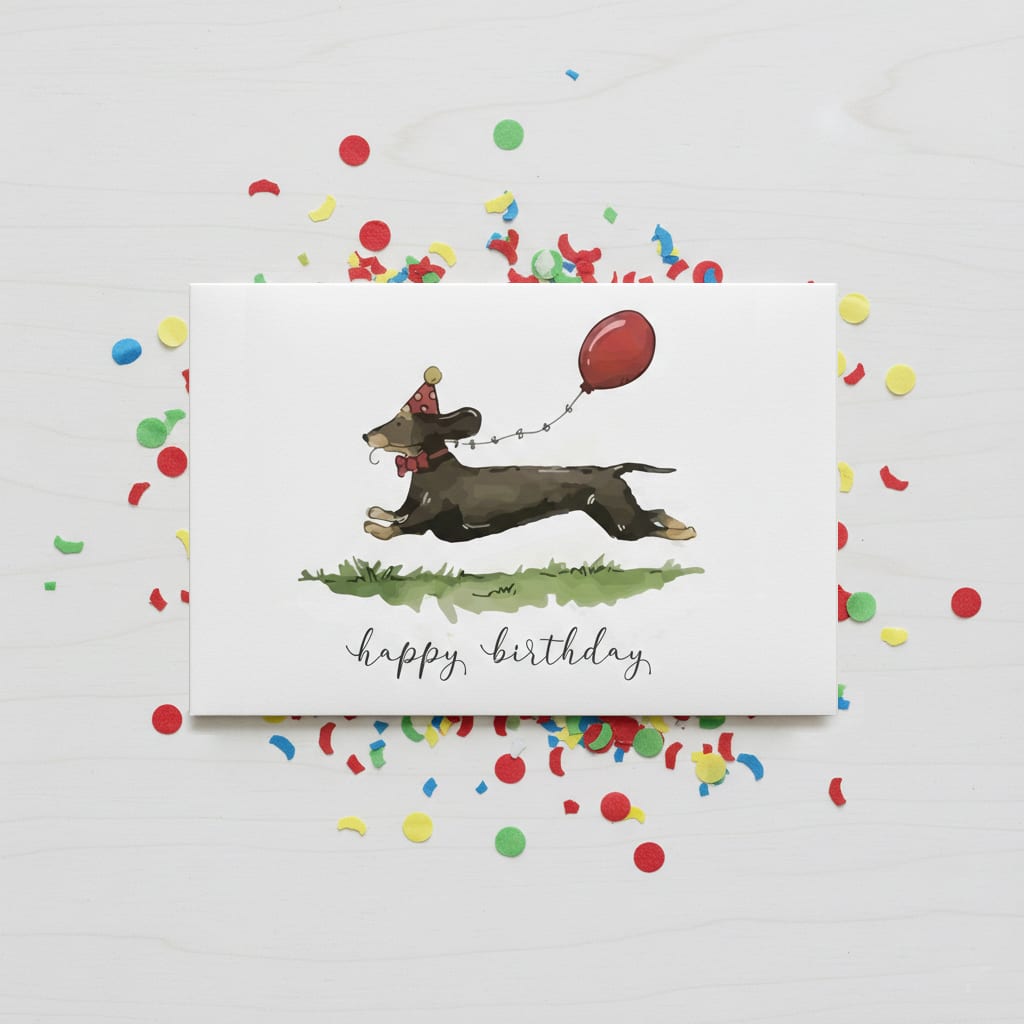 Tarjeta de Cumpleaños con diseño de perro salchicha corriendo con Globo ¨Happy Birthday¨2