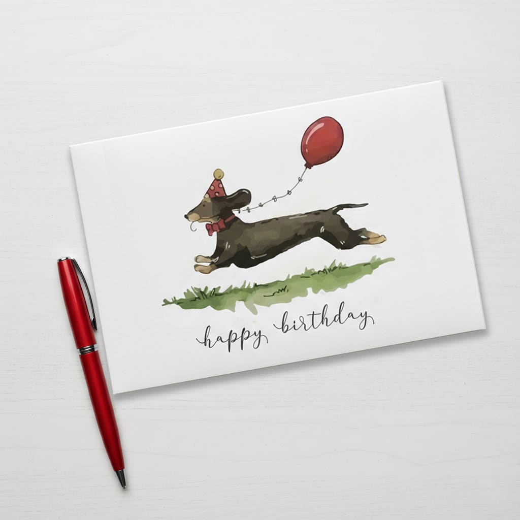 Tarjeta de Cumpleaños con diseño de perro salchicha corriendo con Globo ¨Happy Birthday¨3
