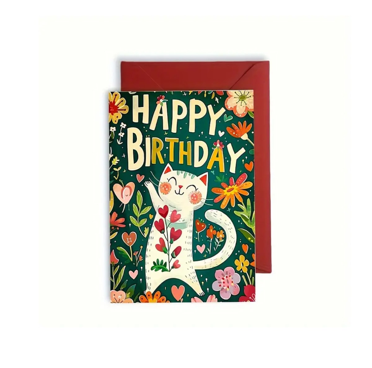 Tarjeta de Cumpleaños con diseño de gatito feliz con flores ¨Happy Birthday¨4