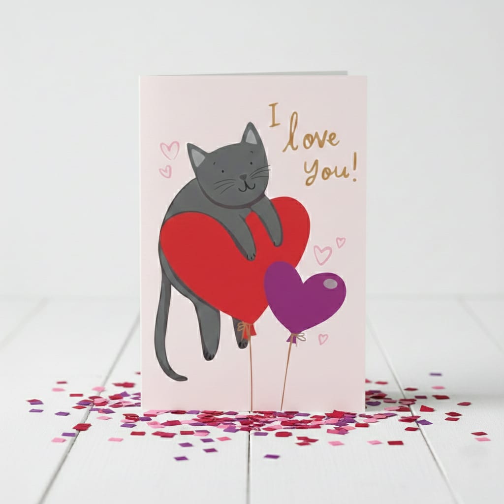 Tarjeta de San Valentin con diseño de gatito sobre globos 