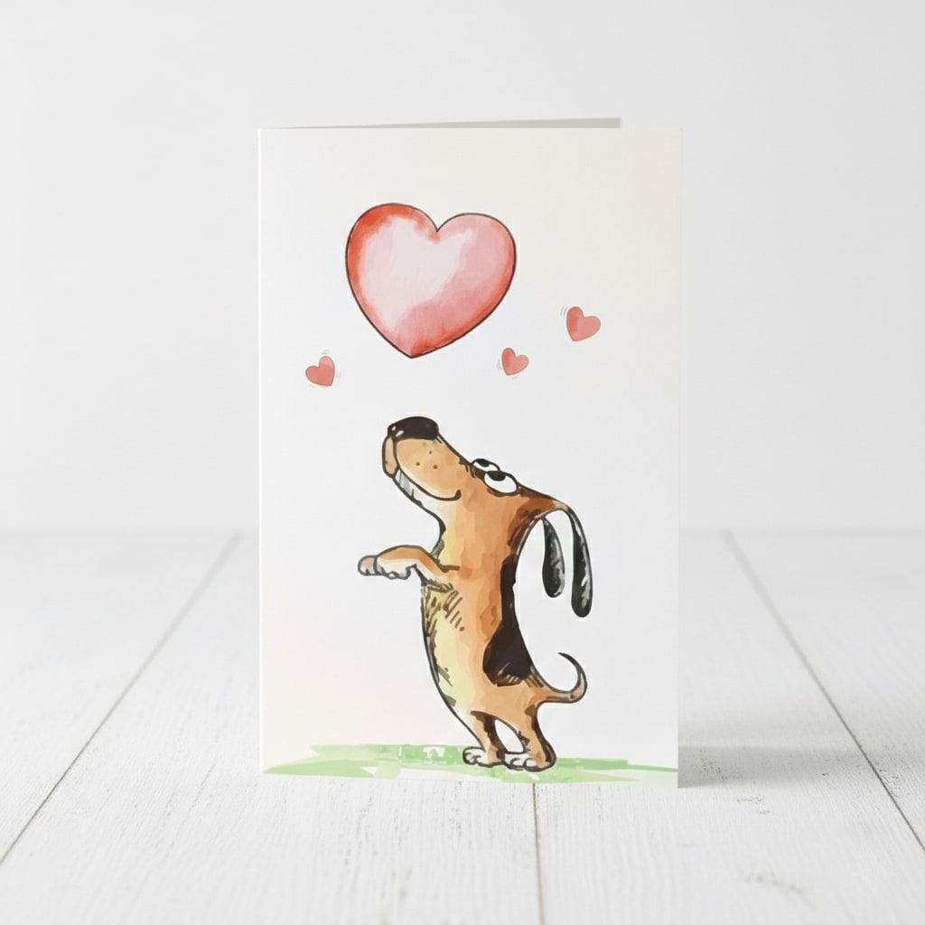 Tarjeta de San Valentin con diseño de perrito persiguiendo un corazón 1