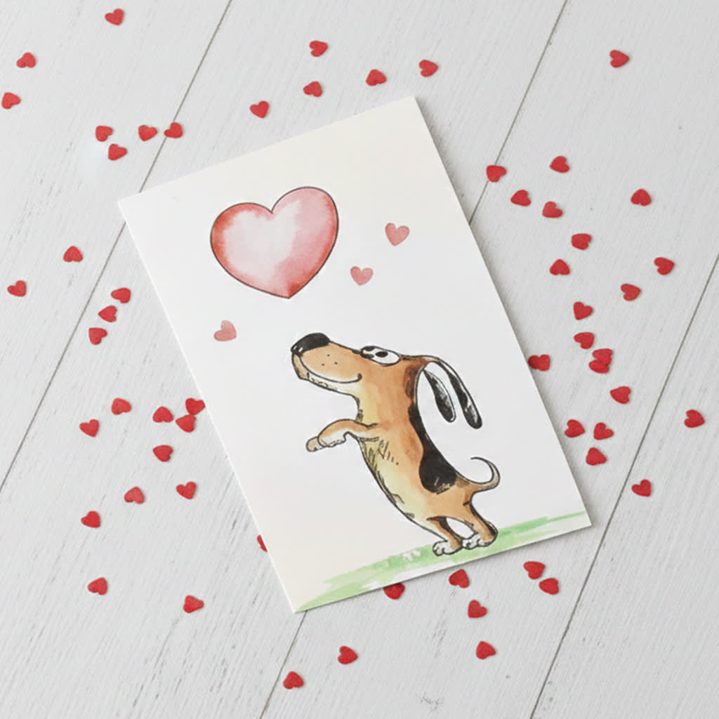 Tarjeta de San Valentin con diseño de perrito persiguiendo un corazón2