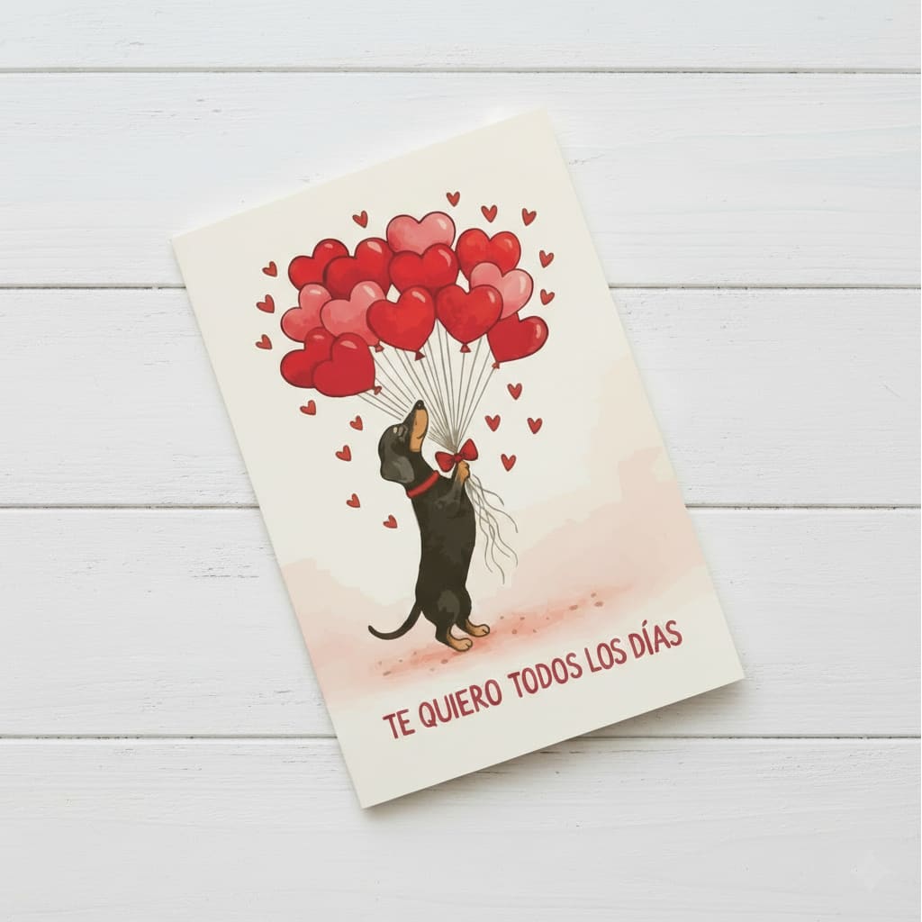 Tarjeta de San Valentin con diseño de perrito salchicha con globos 1