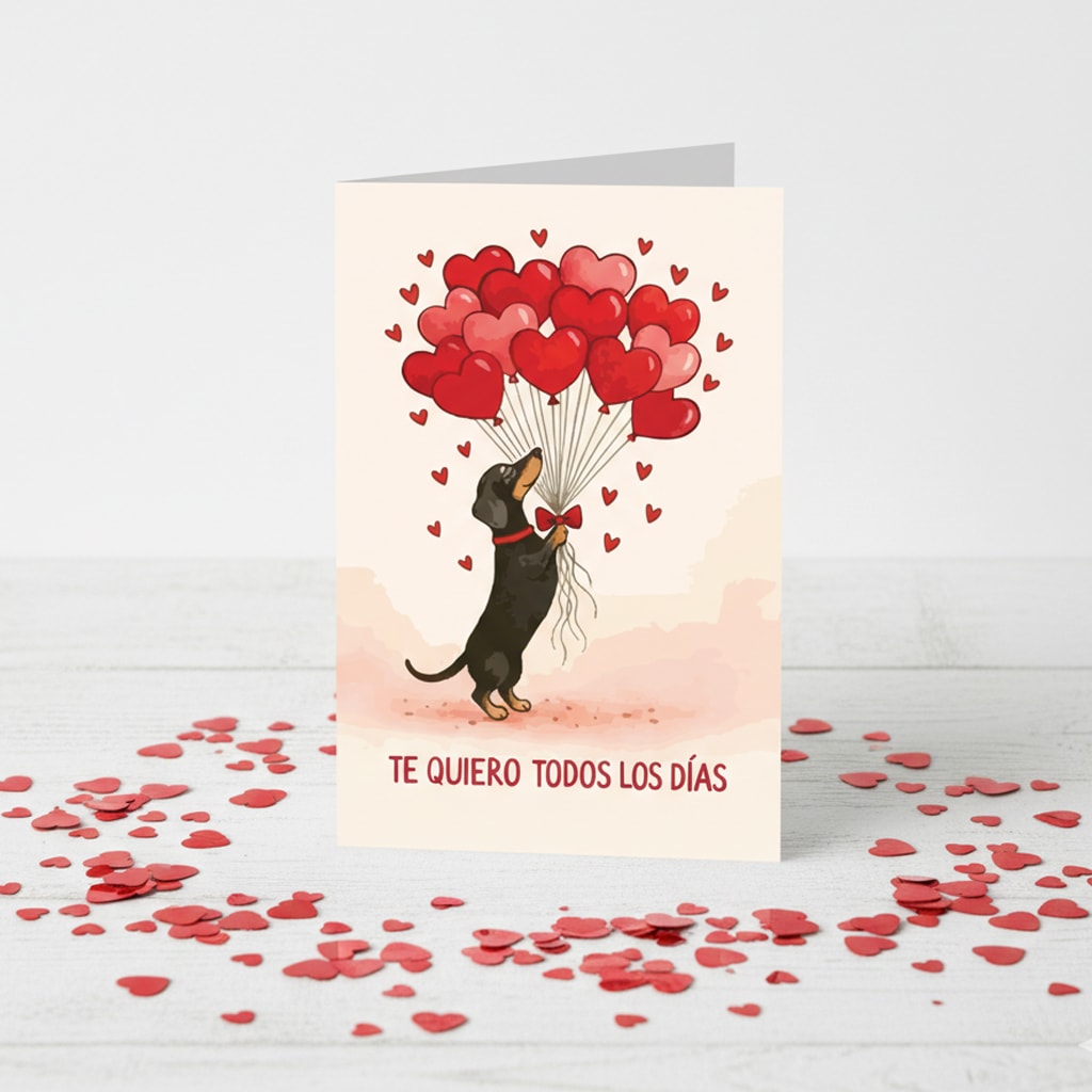 Tarjeta de San Valentin con diseño de perrito salchicha con globos2