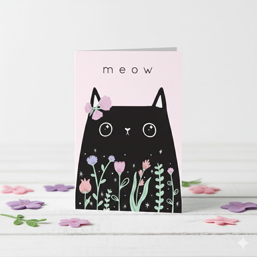 Tarjeta con diseño de gatito negro saludando ¨Meow¨2