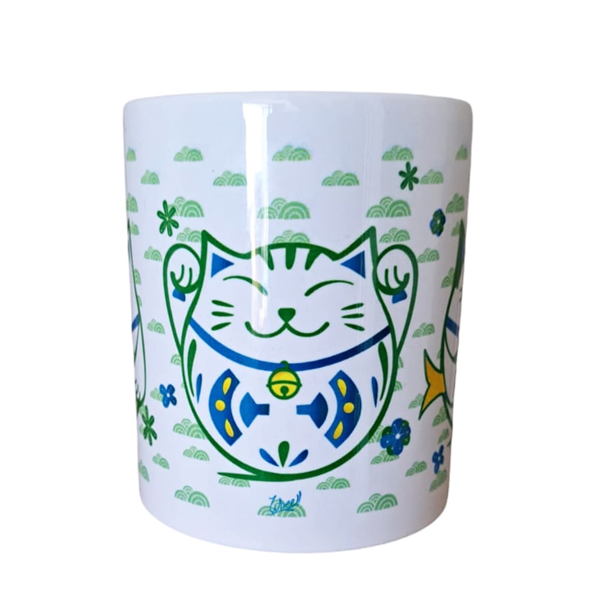 Tazón blanco Whee Cat Lover Maneki-neko azul2