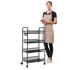 Carro Organizador Multiuso Acero Negro 4 Bandejas Removibles